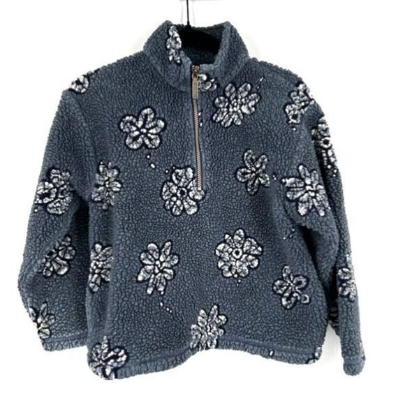 L.L. Bean Youth Unisex Floral Quarter Zip Cropped Fleece Jacket Blue White Small - Picture 1 of 8